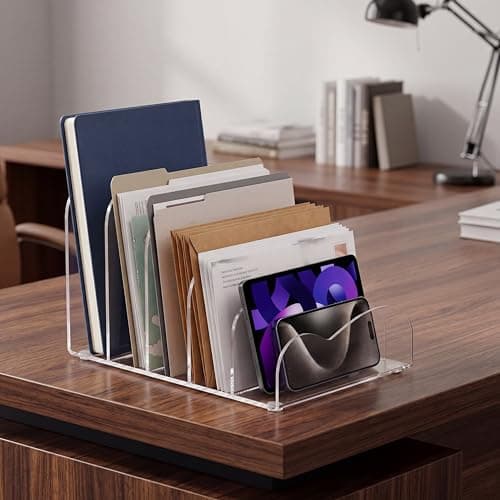 Image of Suwimut Acrylic File Holder for Desk, 5 Section Clear File Sorter Mail Organizer, Desk Organizer for Envelopes Document Notebook Electronics Office Supplies, 8.5 x 6.8 x 4.7 Inch / 21.5×17×12 cm