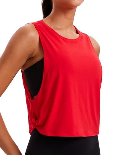 Image of CRZ YOGA Pima Cotton Summer Gym Sleeveless Vest Tops for Women Light Elastic Running Crop Top Loose Crew Neck Yoga Shirt Festival Red 8