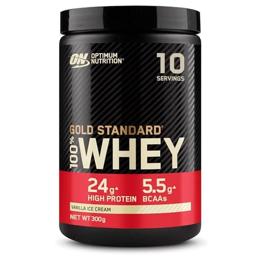 Image of Optimum Nutrition Gold Standard 100% Whey Muscle Building and Recovery Protein Powder with Naturally Occurring Glutamine and BCAA Amino Acids, Vanilla Ice Cream Flavour, 10 Servings, 300g