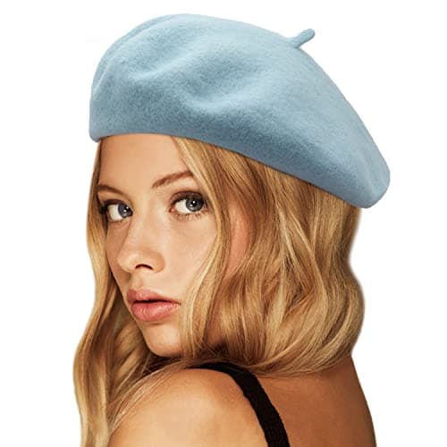 Image of Wheebo Wool Beret Hat,Solid Color French Style Winter Warm Cap for Women Girls Lady (Powder Blue)