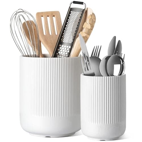 Image of LE TAUCI Utensil Holder, 18.5+14cm Ceramic Kitchen Utensils Holder, Large Cooking Utensil Pots for Kitchen Counter, Morden Utensil Organizer for Spatula, Set of 2, White
