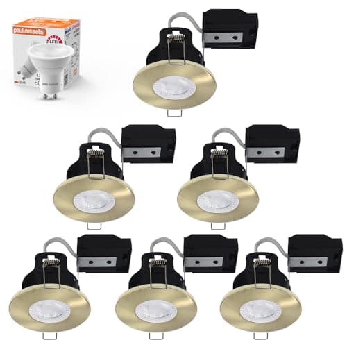 Image of paul russells Dimmable LED Downlights Recessed Ceiling Lights, Fire Rated GU10 Spotlights Can, 65-70mm, IP65, 4.5Watt = 50W Equivalent, Antique Brass Bezel, Include 2700K Warm White Bulb, 6 Packs
