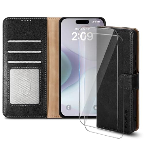 Image of PIXFAB Case for iphone 17e / 16e, Leather Wallet Phone Cover, Magnetic Book Flip Folio [RFID Protection & Card Slots] [Kickstand] Phone Case + 2 Screen Protector for Apple iphone 17e / 16e - Black