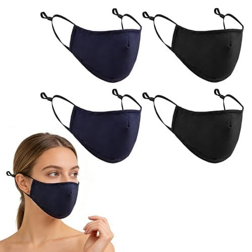 Image of Heyung 4 PCS Reusable Cotton Face Masks,Reusable Cotton Covering with Nose Wire for Glass Wearers,Washable and Breathable Fabric with Adjustable Ear Loops,2 Black Mask + 2 Navy Blue