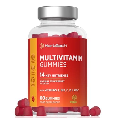 Image of Adult Multivitamin Gummies for Adults | 60 Count | 14 Essential Nutrients with Vitamins A, B12, C, D, & Zinc | Natural Strawberry Flavour | Vegan Supplement for Men & Women | by Horbaach