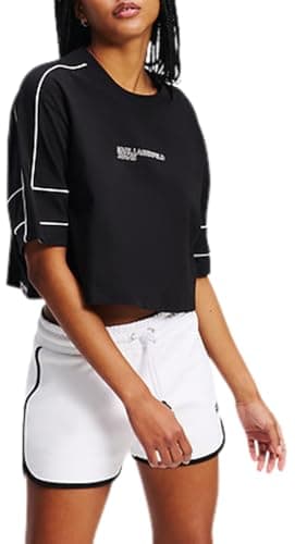 Image of KARL LAGERFELD JEANS, Women's, Relaxed Short Sleeve Cropped Piping Tee, Relaxed Fit, Black, S