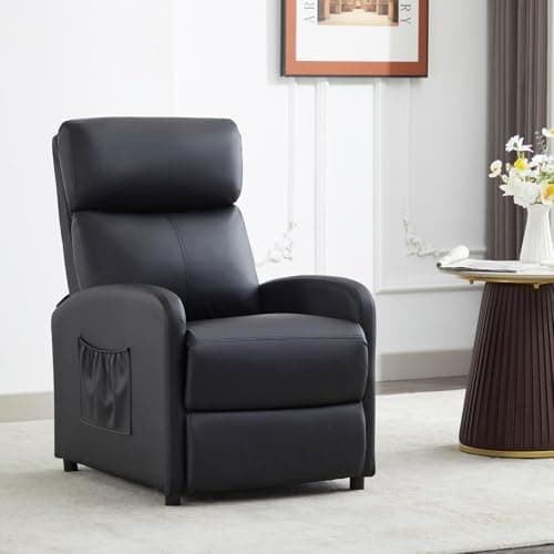 Image of mcc direct Push Back Recliner Chair, PU Leather Single Sofa with Lumbar Support, Padded Backrest, Side Pocket and Adjustable Leg Rest for Home Living Room Theatre (Shadow Black)