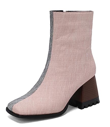 Image of CRETUAO Women's Fashion Colorblock Square Toe Chunky High Heel Ankle Boots,Rome Style Leather Face Elastic Western Cowboy Mid Boots,Pink Cloth,7 UK