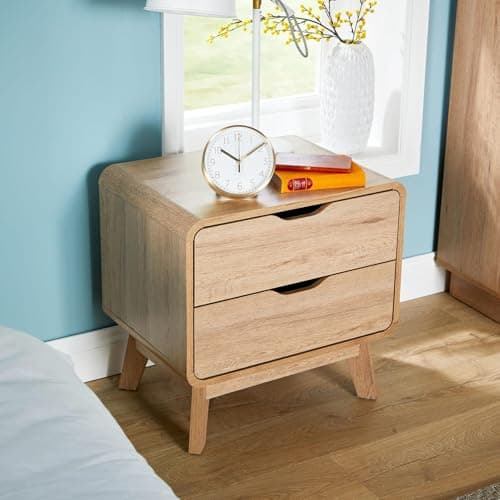 Image of Home Source Bedside Side Table, Modern Bedroom Cabinet Nightstand, 2 Drawer Storage, Oak Effect, Wood