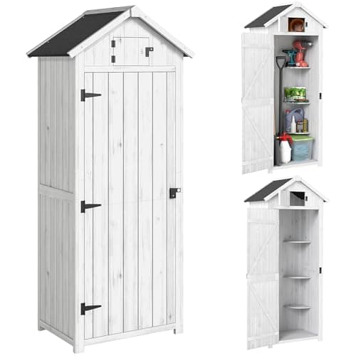 Image of Outsunny Small Shed, Tall Slim Wooden Garden Shed with 3 Removable Shelves and Roof Hatch, Compact Outdoor Tool Storage Cabinet with Asphalt Roof and Door Latch, 77 x 54.2 x 179 cm, Light Grey