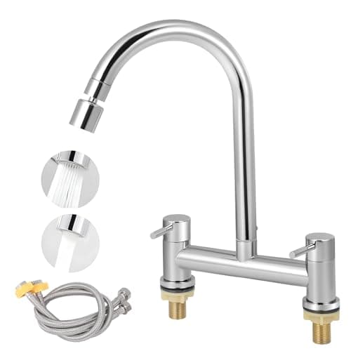 Image of Kitchen Mixer Taps 2 Hole, Sink Mixer Tap UK Standard, Traditional Bridge Mixer Tap Cold and Hot Mixer Tap, Swivel Spout and Dual Spray Modes Taps Mixer Deck Mounted for Kitchen Bathroom (1)