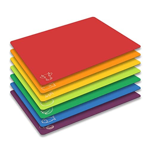 Image of Cutting Board Mats Flexible Plastic Colored Mats with Food Icons, Fotouzy BPA-Free, Non-Porous, Anti-Skid Back and Dishwasher Safe, Set of 7