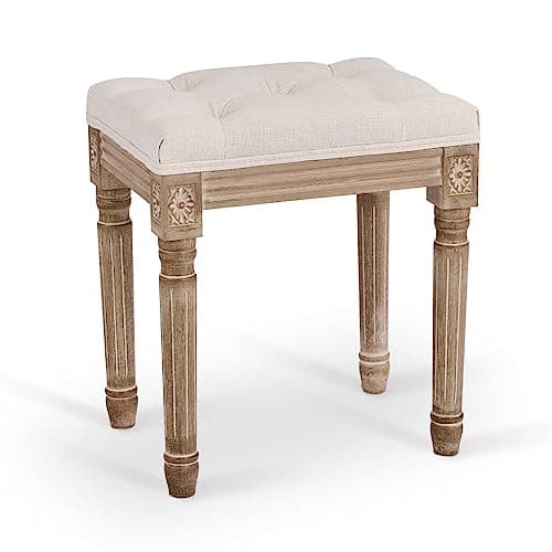 Image of VONLUCE Ottoman, 47 cm High French Vintage Stool with Padded Seat, Wood Frame, Button Tufted for Dining, Living Room, Bedroom Decor, Piano Dressing & Vanity, Foot Stool, Foot Rest, Beige