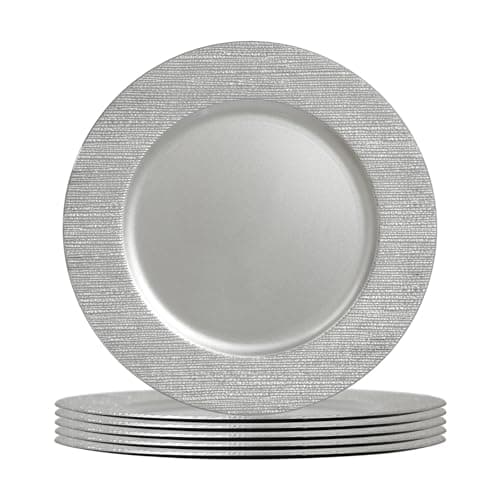 Image of Argon Tableware Silver Charger Plates - 33cm - Dinner Set for 6 - Rib Design - Round Reusable Melamine Christmas Serving Dishes Large Dinnerware Christmas Plates Set for Party Celebrations, Weddings