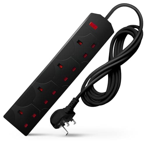 Image of DESIRETECH Black Electric Extension Lead - 4 Gang, 5 Metre Cable with UK Plug & 3 Pin Socket - Wall Mountable & Multi Socket Mains Strip for Home, Bedroom, Kitchen, & Office (1 Pack)
