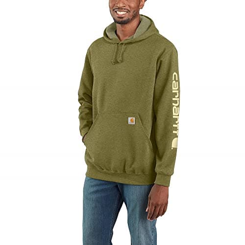 Image of Carhartt Men's Loose Fit Midweight Logo Sleeve Graphic Sweatshirt Hooded Sweatshirt, True Olive Heather, XXL