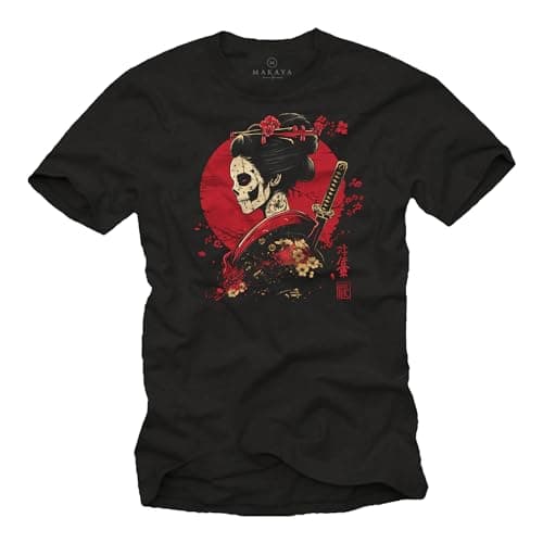 Image of MAKAYA Mens Japanese Graphic T-Shirt – Kanji Geishas Samurai Design Anime & Manga Style Cool Japan-Inspired Tee Black XL