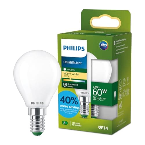 Image of Philips LED UltraEfficient Frosted P45 Bulb, E14 Small Edison Screw, Energy Class A, 806 lm, 60W Equivalent, Warm White (2700K), EyeComfort, 50,000 Hours, 1 Pack