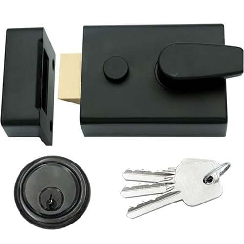 Image of Yale Style Dead Locking Standard 60mm Night Latch High Quality Front Door Lock Rim Cylinder Assisted Nightlatch for External Doors, Complete with Rim Cylinder and 3 Keys (Powder Coated Black)