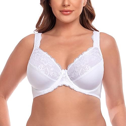 Image of Ayigedu Women's Lace Underwire Minimizer Bra Plus Size Non Padded Comfort Cushion Strap 40-G White