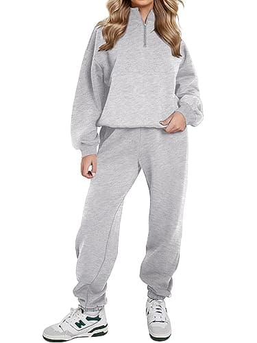 Image of REORIA Women Warm Half Zip Cotton Lounge Wear Sets Soft Co Ord Sets Plus Size Two Piece Outfit Thick Tracksuits Full Set With Fleece Lining Grey M