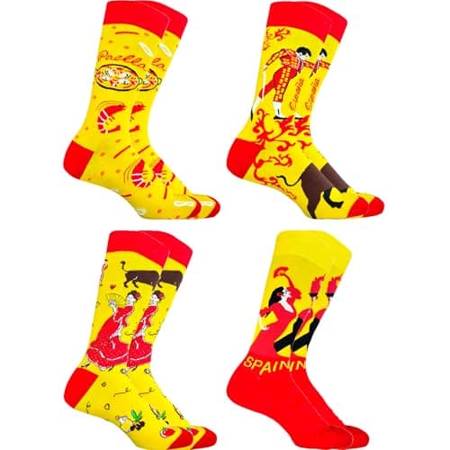 Image of PS PROUTHS Socks Spain Man Woman (4 Pairs) Socks with Spanish Designs Paella, Bulls, Sevillana and Flamenco, 98% Cotton, Sizes (35-40/40-46), SPAIN X4-(40/46), 40-46