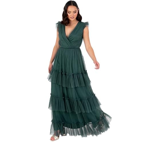 Image of Anaya with Love Women's Maxi Dress Ladies Short Sleeve V-Neck Wrap Tiered Ruffle Tulle A-line Wedding Guest Bridesmaid Prom Ball Gown, Emerald Green 14