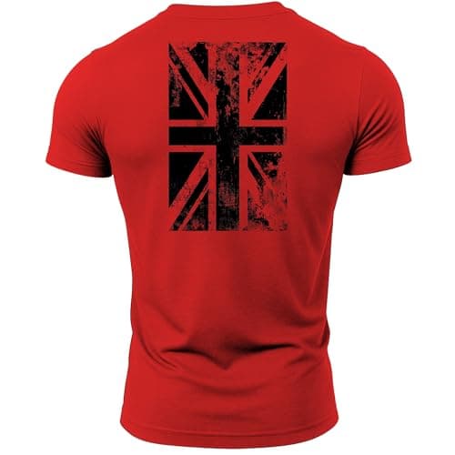 Image of GYMTIER Union Jack Barbell Division Gym - Men's Gym T-Shirt - Bodybuilding Workout Top, Red, S