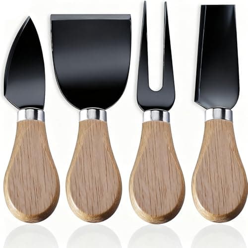 Image of 4-Piece Stainless Steel Cheese Knives Set with Wooden Handle & Black Accents - Cheese Slicer, Spreader, Fork & Prickle - Luxury Charcuterie Board Accessories for Entertaining