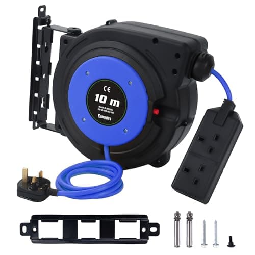 Image of EnergyPro 10 Metre Automatic Retractable Extension Cable Reel with UK BS1363 Plug, 2300W 230V, Overload Protection, Mountable for Garden, Workshop and Home Use