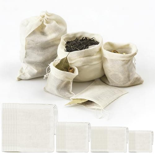 Image of YINKIGI 50 Pack Muslin Reusable Tea Bags & Spice Bags for Cooking - Pure Cotton Multi-Size Drawstring Filters for Loose Tea, Spices, Coffee & Herbs
