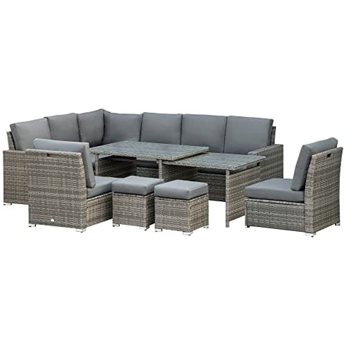 Image of Outsunny 10 Seater Rattan Dining Set with Expandable Table and Nesting Chairs, Rattan Garden Furniture Set with Cushions, Outdoor Dining Table and Chairs, Sectional Corner Sofa Set, Grey
