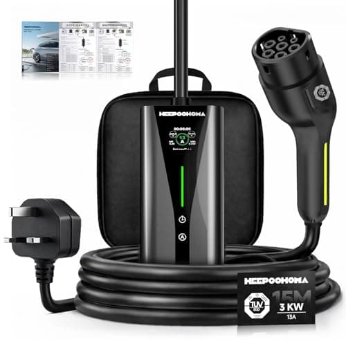 Image of EV Charger 15M, 3 kW 6-13A 3 Pin EV Charger, Portable Electric Car Charger Cable Type 2 to 3 Pin Plug for up to 12H Delayed Start Charging with 2.4″ Screen, IP67 for EVs & PHEV
