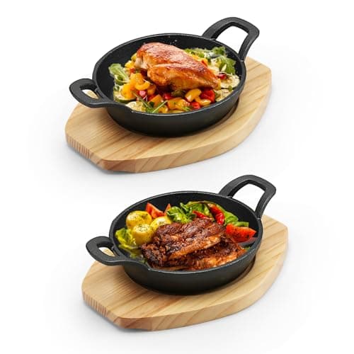 Image of Micvtve 2 Set Cast Iron Skillet with 2 Handles, Small Cast Iron Plates Skillet with Wooden Serving Board, Round Ironed Oven Pan, Mini Gratin Casserole Cookware for Kitchen Baking Cooking Frying, 16 cm