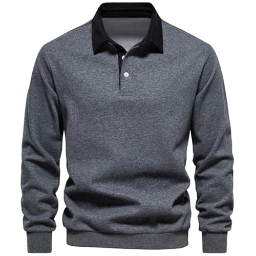 Image of MakingDa Mens Polo Neck Sweatshirts Long Sleeve Casual Pullover Sweatshirt Solid Color Winter Warm Regular Fit Jumper Top Plain Dark Grey L