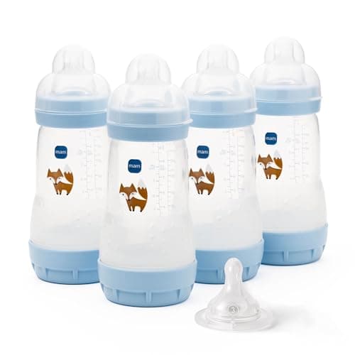Image of MAM Easy Start Anti-Colic Baby Bottles | 4 Pack (4X 260ml) | Self-Sterilising Baby Milk Bottle | Medium Flow MAM Teats Size 2 + 1x Fast Flow Teat Size 3 | Powder Blue (Various Designs)