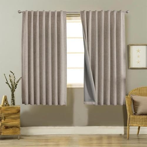 Image of Joydeco Blackout Thermal Lined Curtains 66x54 Inch Drop 2 Panels with Back Tabs & Rod Pocket, 100% Light Blocking Linen Texture Fabric Curtain Drapes for Living Room Bedroom