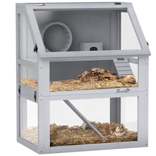 Image of PawHut Wooden Hamster Cage, 3 Tier Gerbil Cage with Detachable 32cm Deep Bottom, Hut, Seesaw, Exercise Wheel, Ramps, Light Grey