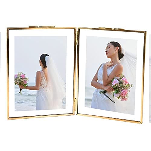 Image of C&Z Double Folding 4x6 Brass Picture Frames Gold Vintage Style Glass Photo Frame Tabletop Memorial Picture Frame for Pressed Flowers Artwork Certificate Plants Specimen