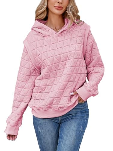 Image of Famulily Fall Winter Casual Long Sleeve Outfits Drop Shoulder V Neck Sweater Jumper Tops Loose Textured Hooded Sweatshirt Pink M