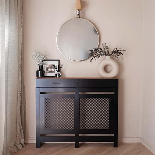 Image of Jack Stonehouse Radiator Cover with Storage Drawer | Traditional Sturdy MDF Wooden Radiator Heater Grill Cabinet Covers For Living Room Bedroom Hallway Furniture (Diamond Slat - Black, Medium)