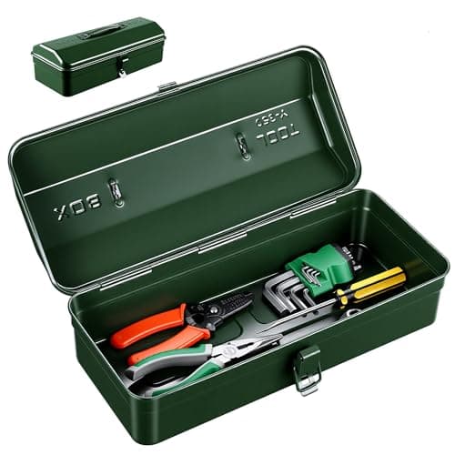 Image of Metal Tool Box with Handle, 14 Inch Small Portable Metal Storage Box with Lid for Home, Garage, Workshop, Lockable Tool Organiser Case for Wrenches, Screwdrivers, Small Parts