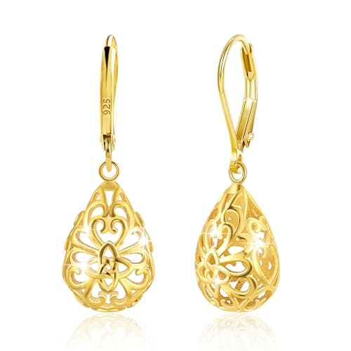 Image of Gold Dangle Earrings for Women, Hypoallergenic 14K Goldplated Sterling Silver Hollow Filigree Waterdrop Dangling Leverback Earrings, Lightweight Tear Drop Dangly Earings for Women Lady Trendy Jewelry