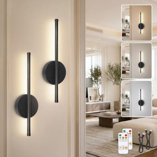 Image of TaoFiaCo Black Rechargeable Wall Lights with Remote Control - 40CM Modern Battery Operated Wall Lights Indoor for Living Room Bedroom - 3 Color Temperatures Wireless Wall Sconces 2 Pack