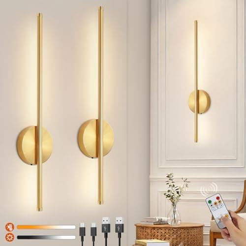 Image of Ketom 2 Pack USB Rechargeable Wall Lights Gold, LED Battery Operated Wall Lights Indoor with Remote, 3 Color Temperature & Dimmable & Timer Function, Wireless Sconces for Bedroom Hallway