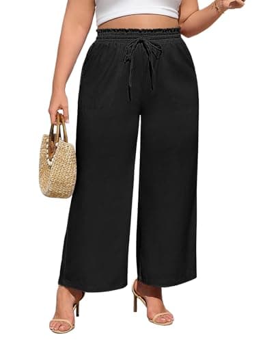 Image of PASUDA Womens Linen Trousers Plus Size Wide Leg Elasticated Waisted Pants for Women Casual Trousers with Pockets Ajustable Drawstring Loose Breathable Summer Pants XL-4XL (Black, 4XL)