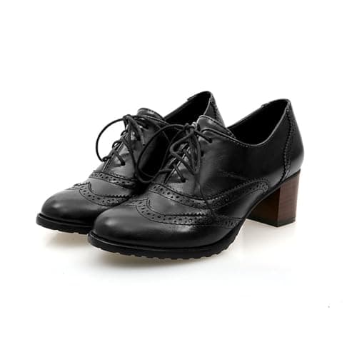 Image of Women Classic Lace Up Mid Block Heels Casual Brogue Shoes Vintage Leather Shoes Black B