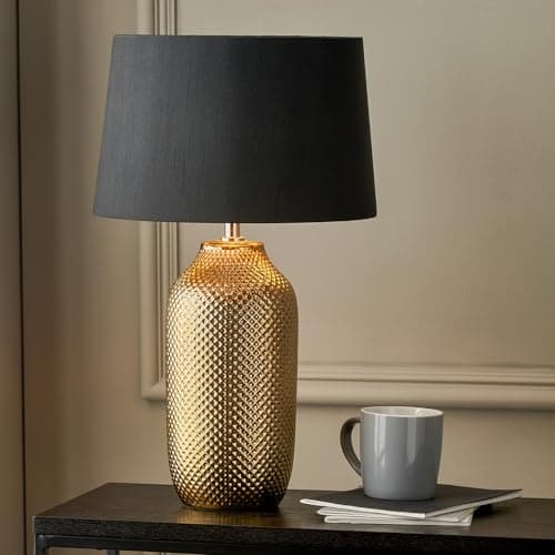 Image of Pacific Lifestyle Art Deco Table Lamp Complete with Tapered Black Shade | Textured Gold Ceramic Bottle Table Lamp with Black Lampshade (Gold)