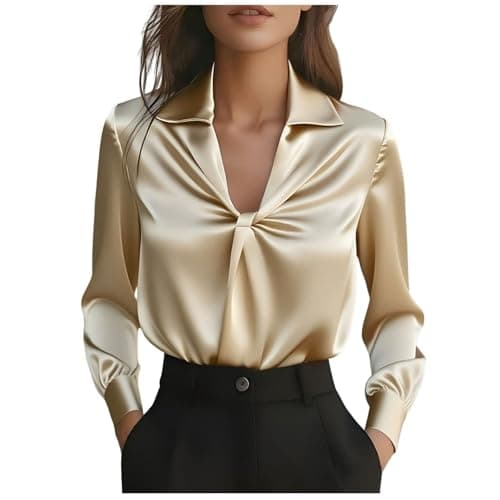Image of Satin Blouse for Women UK Elegant V-Neck Front Knot Tops Cuffed Long Sleeve Collared Neck Shirts Fall Winter Spring Casual Business Top Ladies Office Work Blouses Going Out Shirt