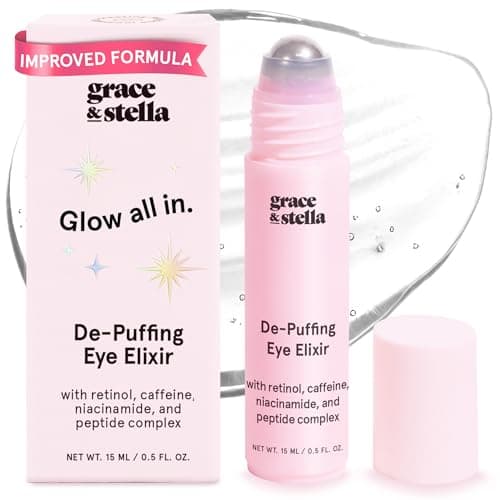 Image of grace & stella Under Eye Brightener Roller - Retinol & Caffeine Eye Serum for Puffiness, Dark Circles, Fine Lines & Wrinkles - Hydrating & Smoothing - Vegan Cruelty-Free Skincare (15ml / 0.51 fl oz)